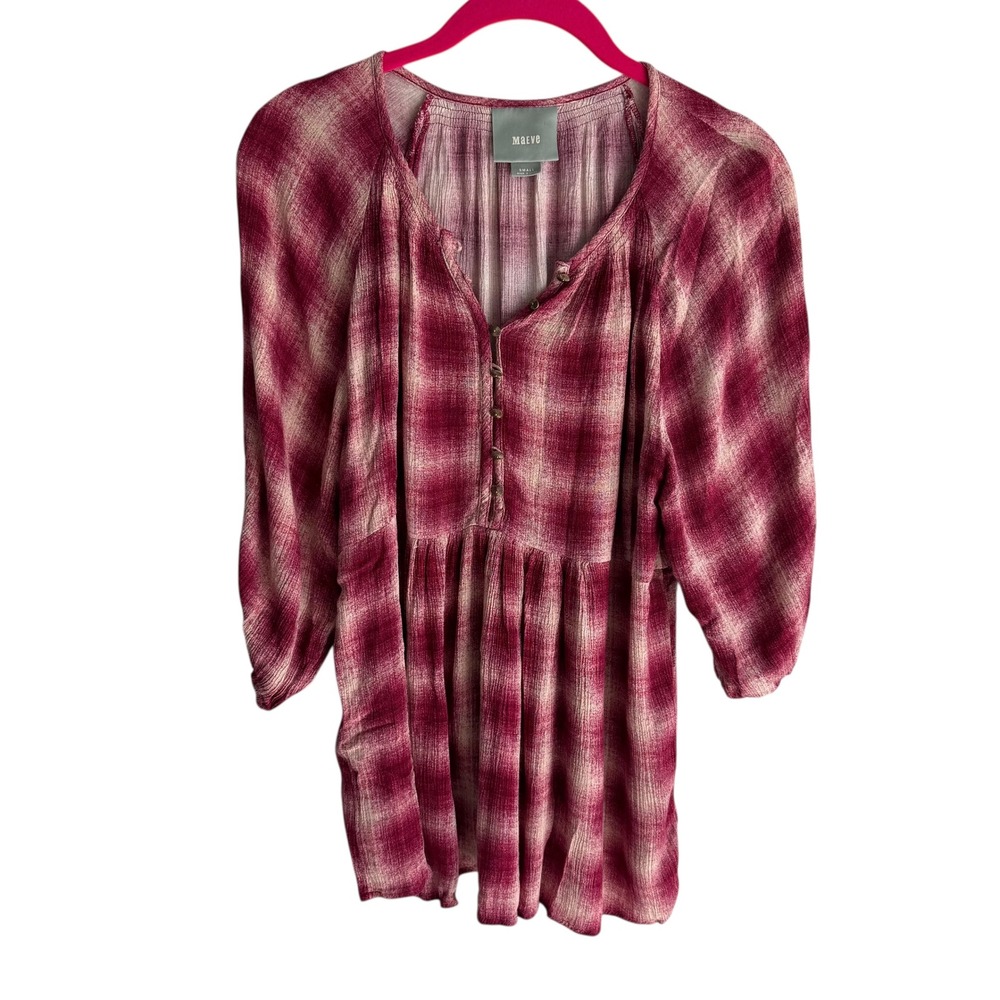 ANTHROPOLOGIE MAEVE 'Cavalon'‎ Peplum Red Plaid 3/4 Sleeve V-Neck Ladies Top, S